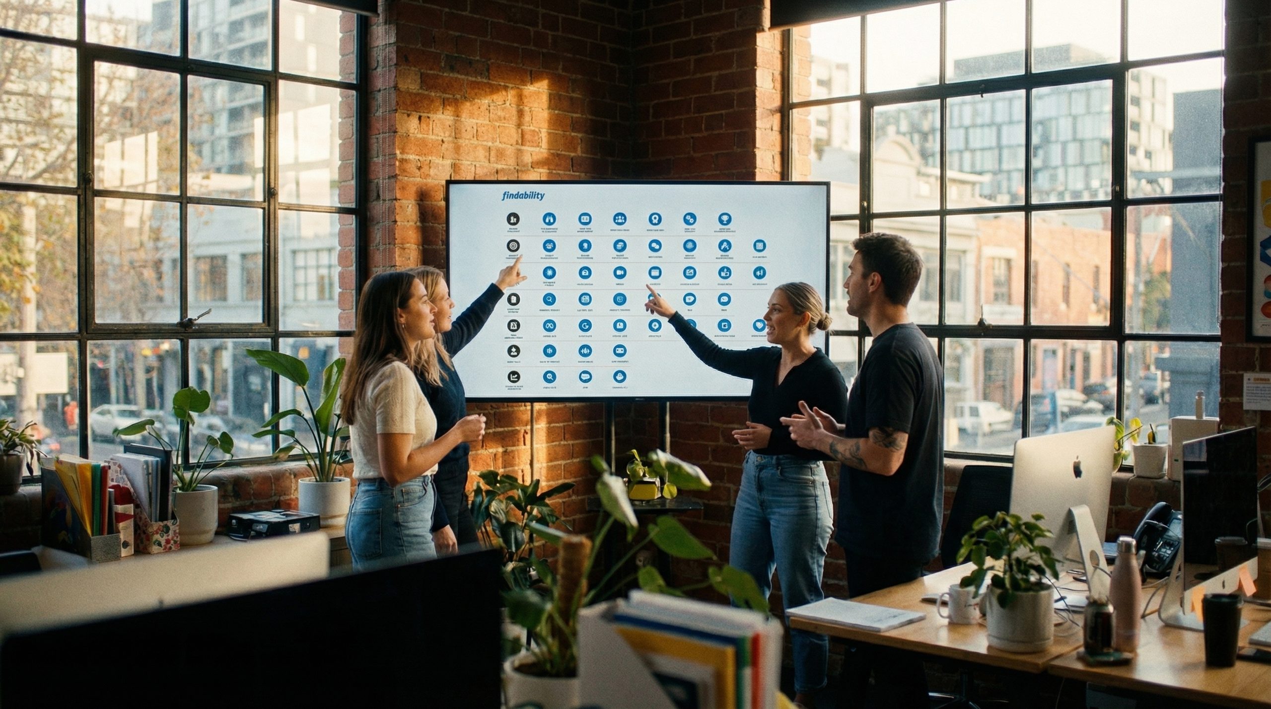 The Findability team discussing the ten-pillar framework on screen — strategy handled by humans, execution handled at scale